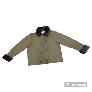 80s Pickett & Smith Dark Green Wool Button Up W/ Black Faux Fur Accents, Size M